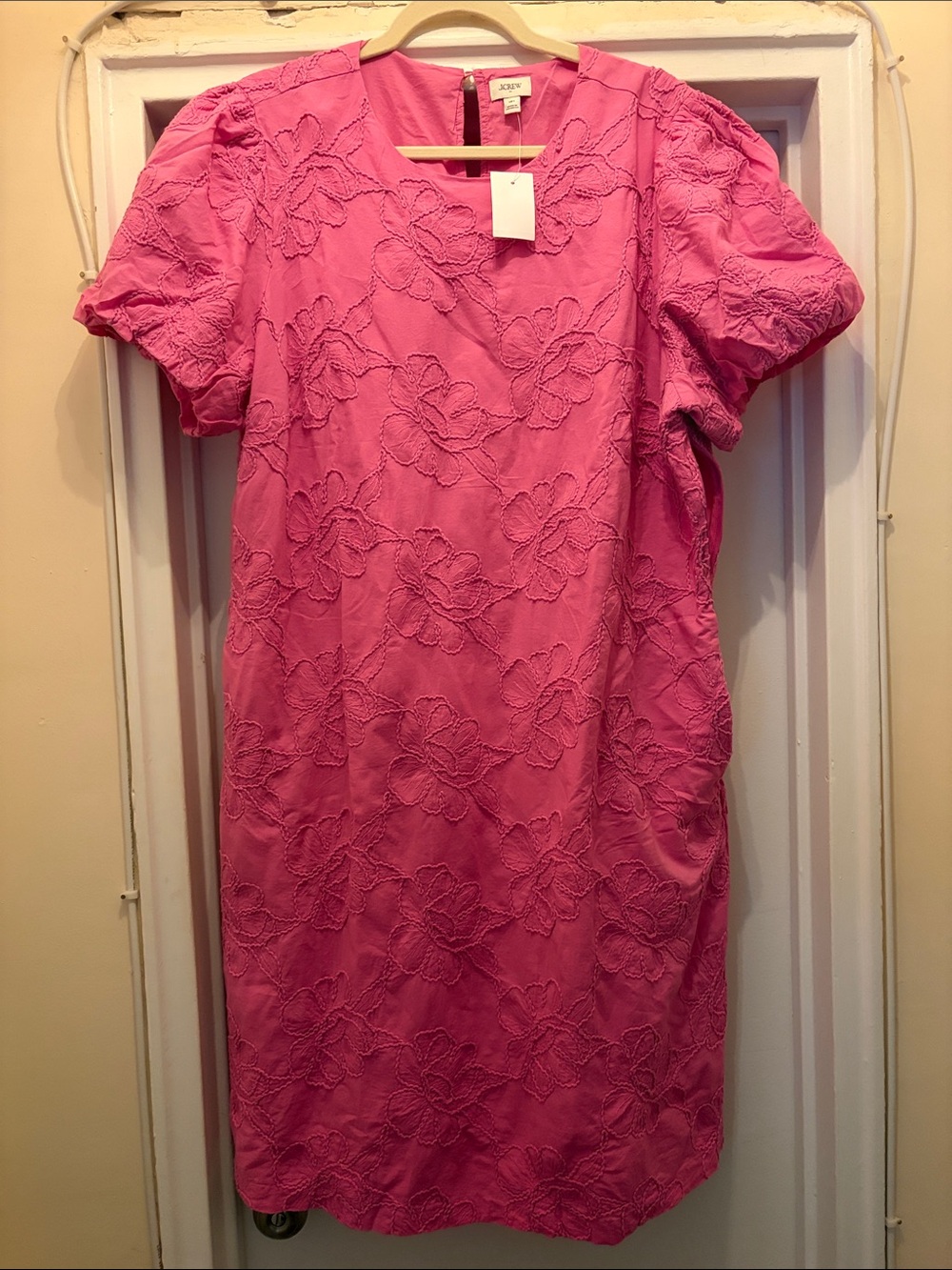 J. Crew Hot Pink Embroidered Puff-Sleeve Midi Dress